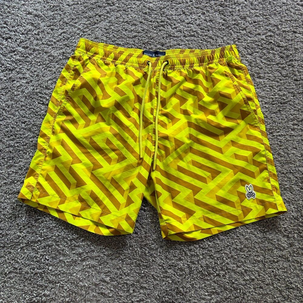 Psycho Bunny Pisani Geometric Yellow Bathing Suit Swim Trunks Lined Size Medium
